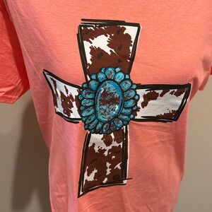 Orange T-Shirt with Turquoise Cross and Brown Cow Print Design Size Medium